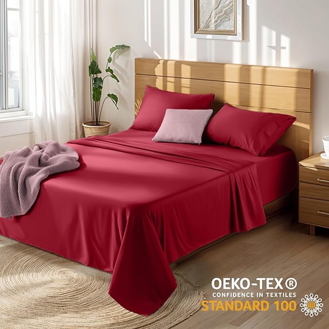 LBRO2M 100% Cotton Sheets Set Deep Pocket 19", 1000 Thread Count California King Size 4 Piece Bed Sheet Sets Soft Comfortable Bedding All Season (California King, Burgundy)