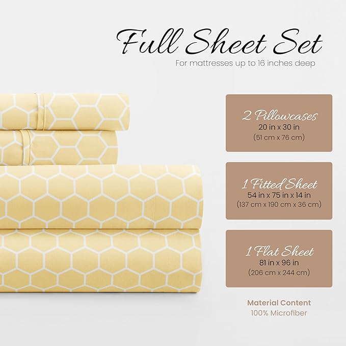 Linen Market Patterned Microfiber Full Sheet Set 4 Piece – Oeko-TEX Certified Ultra Soft & Wrinkle-Free - 16" Deep Pocket Sheets - Easy Care Full Size - Honeycomb Yellow