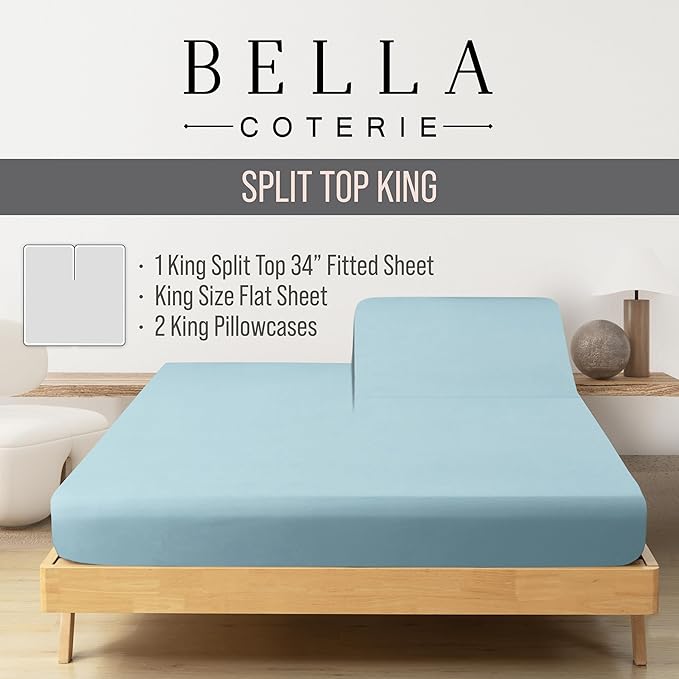 Bella Coterie Luxury Bamboo Viscose 34” Split Top King Size Sheet Set | 1 Fitted Sheet for Sleep Number & Adjustable Beds | 100% Organically Grown | Cooling & Soft | 18” Deep Pocket [Coastal Blue]