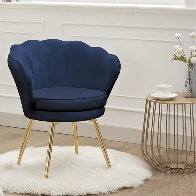 Accent Chairs Set of 2, Velvet Vanity Chair with Back, Mid-Century Modern Small Accent Chair for Living Room, Golden Metal Legs Upholstered Makeup Chair, Bedroom Armchair, Dark Blue