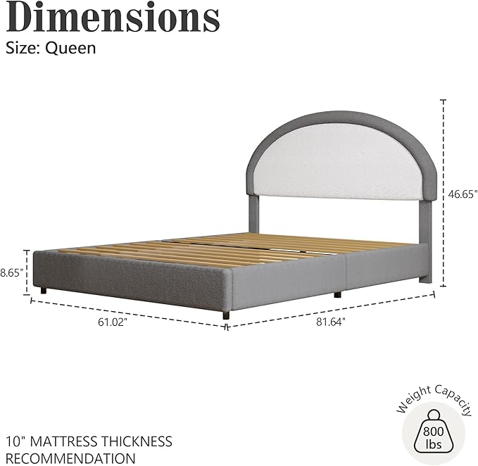 Queen Bed Frame, Boucle Upholstered Platform Bed Frame with Headboard, Grey Bed Frame, Soft Rounded Corners, No Box Spring Required, Easy Assembly
