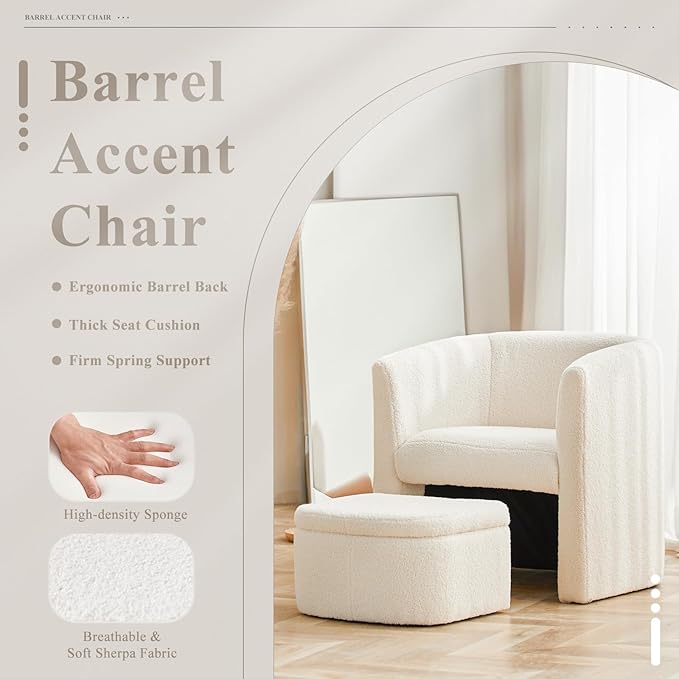 Mid-Century Velvet Living Room Chair with Storage Ottoman, Space-Saving Accent Chairs for Bedroom/Reading Spaces/Office, Cream