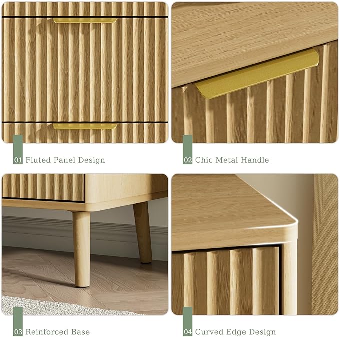 LYNSOM Fluted Dresser and Nightstand Sets 3 Piece, 6-Drawers Dresser and 1-Drawer Nightstands Set of 2, Wood Bedroom Furniture Set for Home, Bedroom, Hallway, Oak