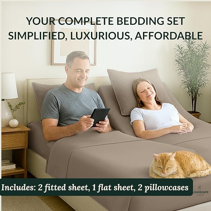 Cloud Scape Linen 100% Egyptian Cotton Split King Sheet Set for Adjustable Bed,400 Thread Count, 5 Pcs Bedding Set, Soft, Breathable and Durable, Deep Pockets up to 17, Taupe