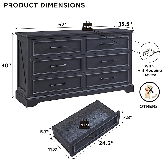 JXQTLINGMU Farmhouse 6 Drawers Dresser for Bedroom, 52'' Wide Large Wood Dressers with Bar Handles, Chests of Drawers with Storage Dressers Organizer for Bedroom, Hallway, Black