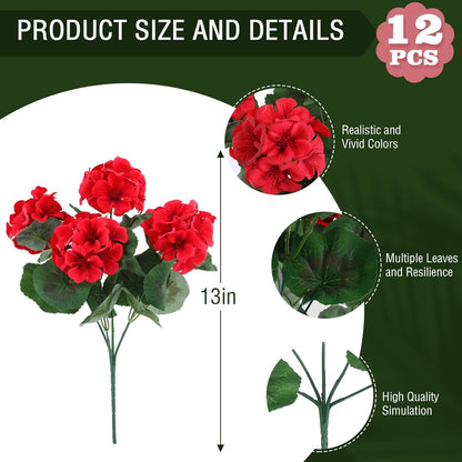Hananona 12 Bundles Artificial Geranium Flowers for Outdoors Silk Geranium Flowers Outdoor UV Resistant Garden Plants Faux Flower for Home Kitchen Table Centerpieces Decor (12, Red)