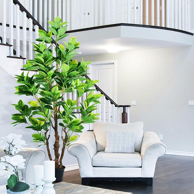 7.2ft Artificial Rubber Tree (85in) with Plastic Nursery Pot Fake Tree, Faux Ficus Plant for Office House Farmhouse Living Room Home Decor (Indoor/Outdoor)