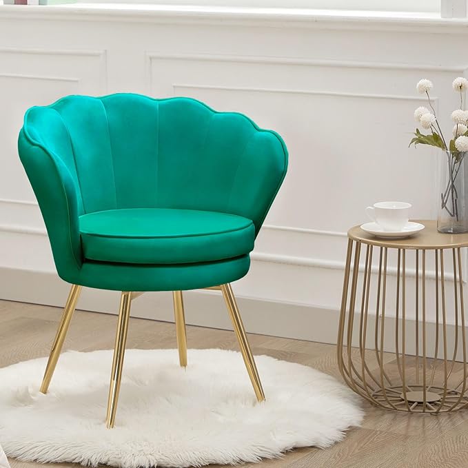 Velvet Vanity Chair with Back, Mid-Century Modern Small Accent Chair for Living Room, Golden Metal Legs Upholstered Makeup Chair, 1Pcs Bedroom Armchair, Emerald Green