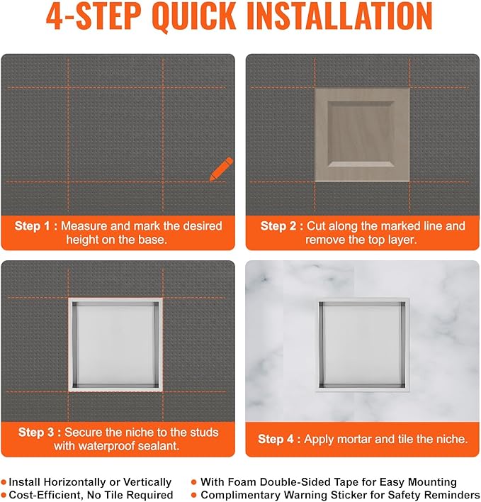 VEVOR Shower Niche No Tile Needed, Stainless Steel Niche for Shower Wall, Sealed Waterproof Rust-Resistant Bathroom Niche for Storage, 13x13'' Single Shelf