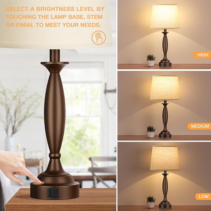 Seealle Beige Brown Lamps for Bedrooms Set of 2 - Touch Control Bedside Lamp with USB C+A, 3 Way Dimmable Nightstand Lamps with USB Port, Table Lamp for Living Room(Beige Shade and Brown Base)