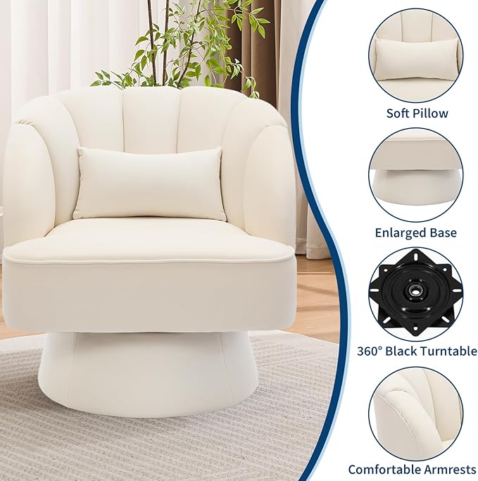GarveeHome Modern Swivel Barrel Accent Chair, 360 Degree Velvet Upholstered Armchair with Striped Backrest & Plush Padding, Comfy Round Lounge Chair for Living Room, Bedroom, Reading Nook, Beige 2 PCS