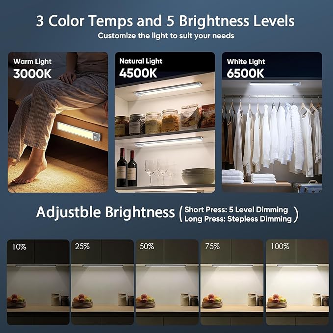 10inch Under Cabinet Lighting with 3 Color Temps, 2 Pack Rechargeable Motion Sensor Light Indoor, 5 Levels Dimmable Magnetic Closet Lights, Wireless Under Counter Lights for Kitchen, Stairs