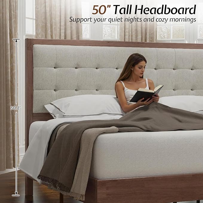 Jocisland Wood Full Size Bed Frame,Tall Upholstered Tufted Headboard, Solid Wood Platform, No Box Spring Needed, Walnut