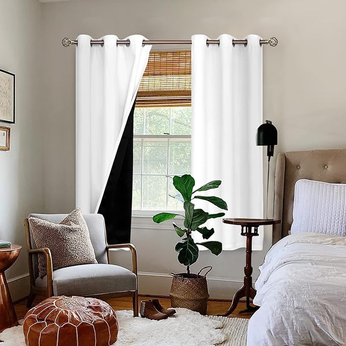 BGment Thermal Insulated 100% Blackout Curtains for Bedroom with Black Liner, Double Layer Full Room Darkening Noise Reducing Grommet Curtain (42 x 72 Inch, Pure White, 2 Panels)