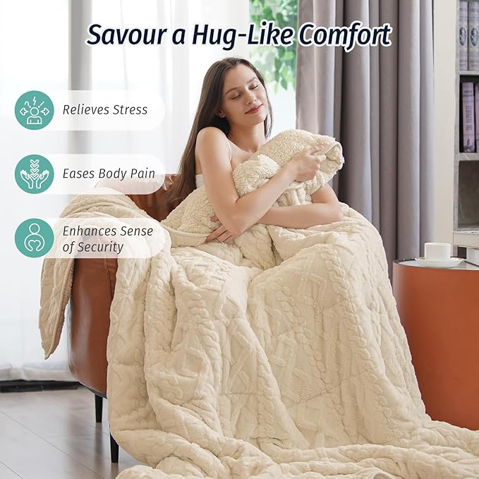 Wemore Weighted Blanket for Adults Twin Size 15 lbs, Dual Sided Soft Fuzzy Jacquard Sherpa Weighted Blankets for Sleeping, Cozy Fluffy Knitted Heavy Blanket for Couch Bed, Khaki, 48 x 72 inches