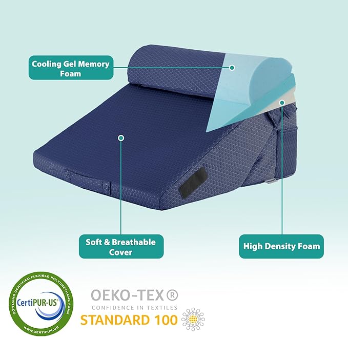 Bedluxe 3Pcs Orthopedic Bed Wedge Pillow Set, Foam Wedge Pillow Post Surgery for Back, Leg and Knee Support, Adjustable 9&12 Inch Folding Triangle Pillow for Sleeping, Acid Reflux, Snoring, Navy
