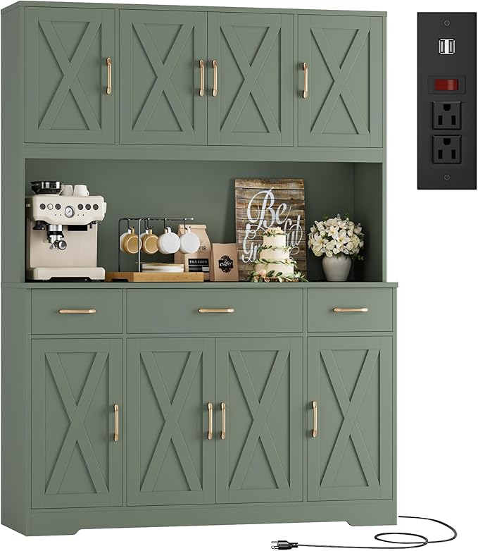 HOSTACK 71" Tall Pantry Cabinet with Charging Station, 55" Wide Kitchen Pantry Storage Cabinet with Countertop, Large Kitchen Hutch with Storage Drawers and Doors for Dining Room, Living Room, Green