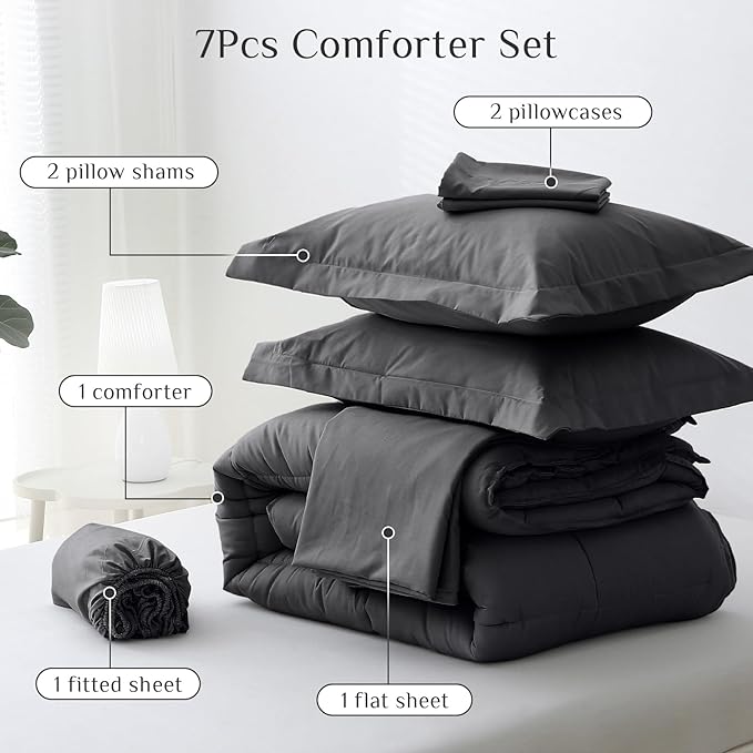 JOLLYVOGUE Queen Comforter Set, Ultra-Soft Bed in a Bag Queen Size 7 Pieces, Oeko-TEX Certified Bedding Set with Down Alternative Comforter, Sheets, Pillowcases & Shams, Dark Grey