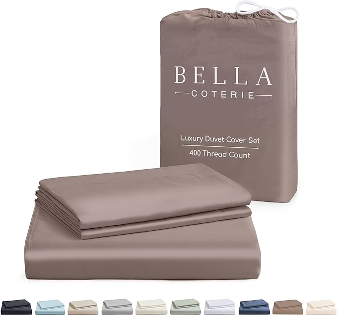 Bella Coterie Luxury Bamboo Viscose Queen Size Duvet Cover Set | 100% Organically Grown | Corner Ties | Ultra Soft | Cooling | Two Pillow Shams | 90 x 94 | No Insert [Mocha]