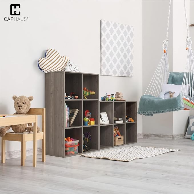 CAPHAUS Sturdy Room 11-Inch Cube Storage Organizer Shelf, with Thick Exterior Edge, Storage Shelf Divider w/Back, Bookcase, 6-Cube, Rustic Grey Oak