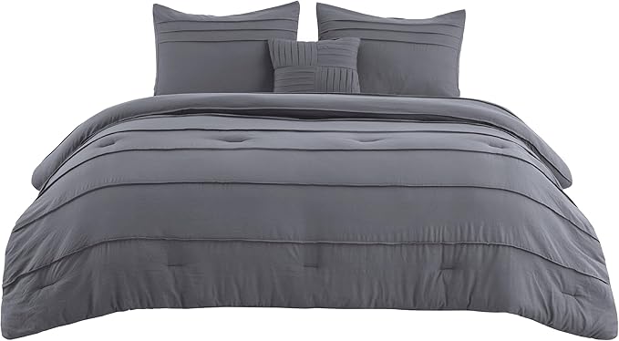 Bedsure King Comforter Set - 4 Pieces Pinch Pleat Bed Set, Dark Grey Boho Bedding for All Season, 1 Soft Comforter, 2 Pillowcases, 1 Decorative Pillow