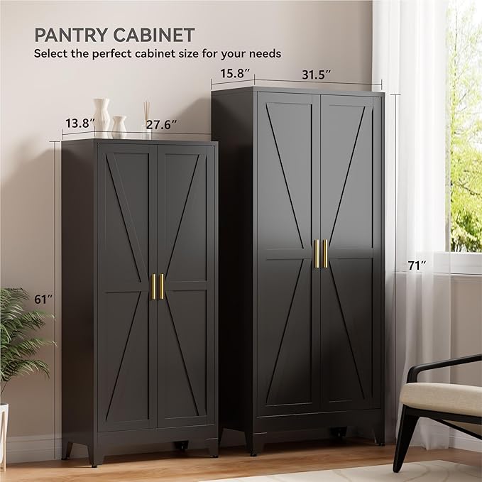 Farmhouse Pantry Cabinet with Barn Doors,61" H x 27.5" W,Metal Cabinet with Adjustable Shelves,4-Tier Storage Cabinet for Kitchen Dining Room Garage Office,Black