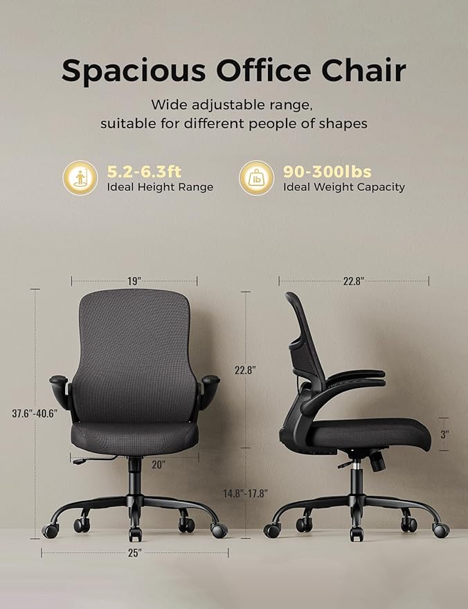 Office Chair, Mesh Ergonomic Desk Chairs, Comfy Computer Gaming Chair with Adjustable Height & Flip-up Armrest, Lumbar Support & Swivel Function for Home Office (Black)