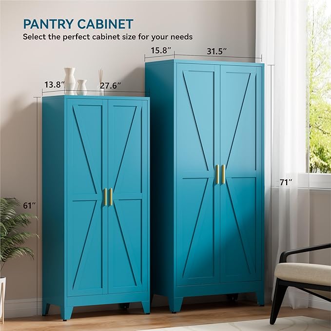 Farmhouse Pantry Cabinet with Barn Doors,61" H x 27.5" W,Metal Cabinet with Adjustable Shelves,4-Tier Storage Cabinet for Kitchen Dining Room Garage,Blue