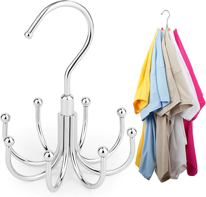 ZEDODIER Space Saving Hangers for Clothes,Rotatable Sturdy Shirt Hangers with 8 Hooks, Non Slip Multiple Shirt Organizer for T-Shirts Sweatshirts Hoodies, Silver