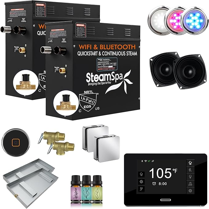 SteamSpa Steam System 15kW Steam Shower Generator with Bluetooth Wifi, Quickstart Continous Steam, Advanced Touch Pad Screen, Chroma Lights, Drain Pan and Auto Drain Chrome RVBS1500CH-A