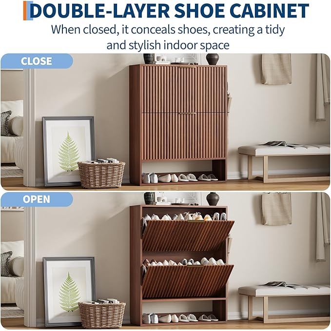 Garvee Fluted Shoe Storage Cabinet, Slim Hidden Shoe Rack Cabinet with 2 Flip Drawers & Bottom Open Shelf, Freestanding Entryway Organizer, Perfect for Closet, Hallway, Foyer, Walnut