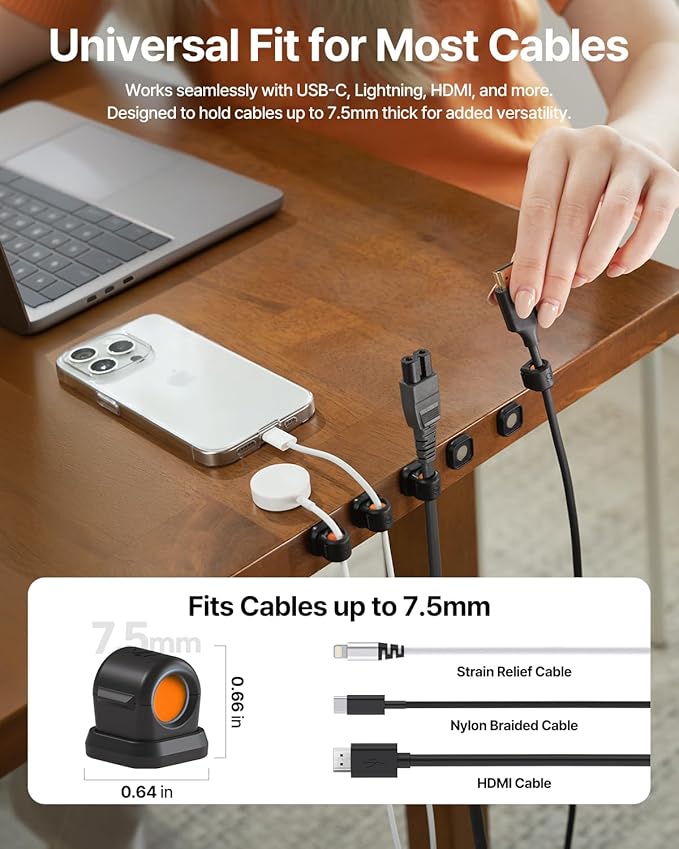 6 Pack Sinjimoru Magnetic Cable Clips, Compact Size Cord Organizer & Cable Management for Desk, Nightstand & Car, Fits up to 7.5mm Cables, Black