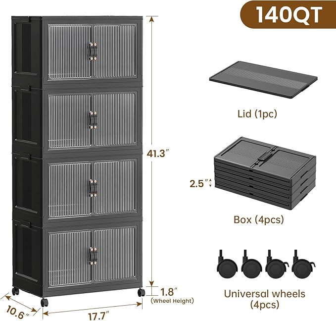 SAILUN 35Gal/140Qt Stackable Storage Bins Folding Collapsible Storage Bins with Lid, Closet Organizers and Storage Box with Door Black 18" W x 11" D x 41" H