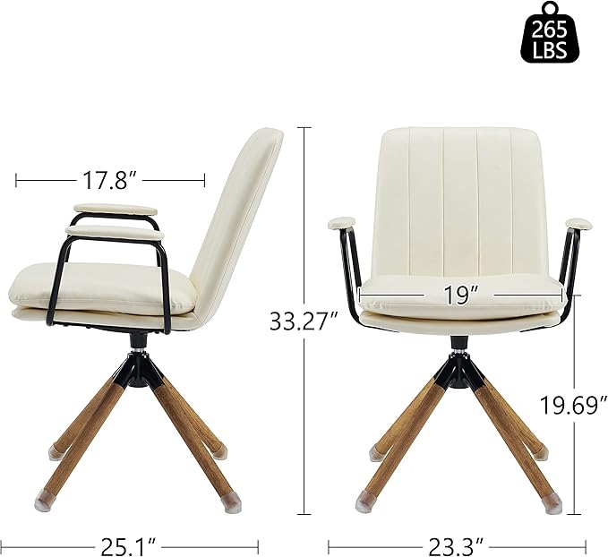 Art Leon Mid Century Modern Chair, Oak Legs Swivel Accent Chair No Wheels, Faux Leather Armchair for Small Spaces Home Office Living Room Bedroom, Off White