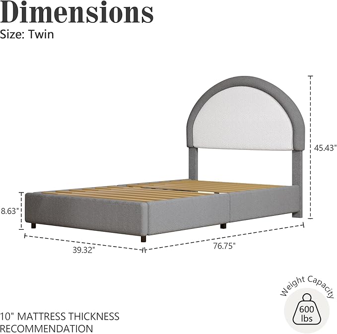 Twin Bed Frames with Headboard, Boucle Upholstered Platform Bed, Grey Bed Frame, Soft Rounded Corners, No Box Spring Needed, Easy Assembly