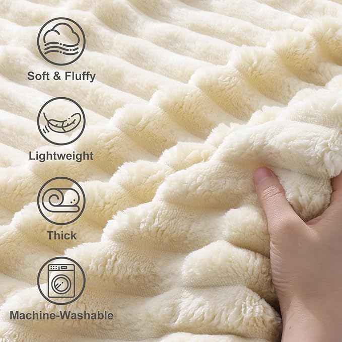 decorUhome Christmas Soft Fleece Beige Blanket King Size for Bed, Cozy Fluffy Plush Flannel Large Striped Throws for Couch Sofa, Lightweight Decorative Fuzzy Blanket for Woman, 108x90 Inches