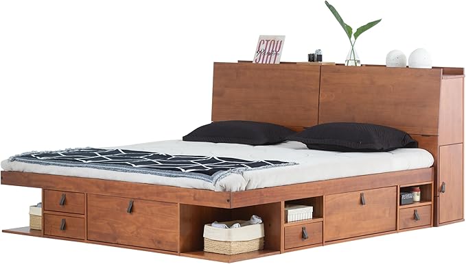 memomad Bali Set: Storage Platform Bed with Drawers + Bookcase Headboard (King Size, Caramel Brown Wood)