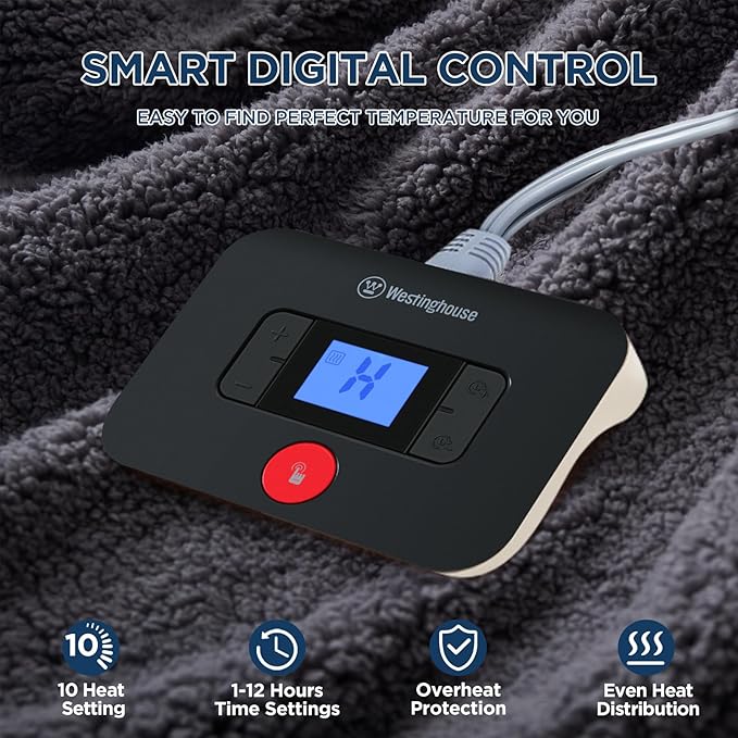 Westinghouse Electric Blanket Full Size, Soft Plush Sherpa Heated Blanket with 10 Heating Levels & 1-12 Hours Auto-Off, Machine Washable, 80x84 inches, Darkgrey