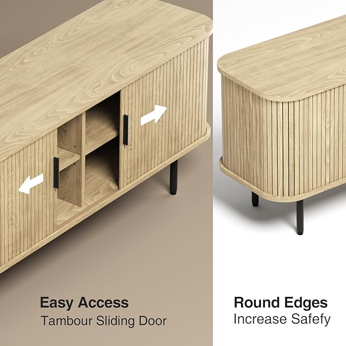 55''W Natural Storage Cabinet, Media Console, Tambour TV Stand, Television Stands with Curvy Edge; Sliding Door, Fluted Cabinet, Buffet Sideboard, Credenza, Table Stand for Living Room, Kitchen