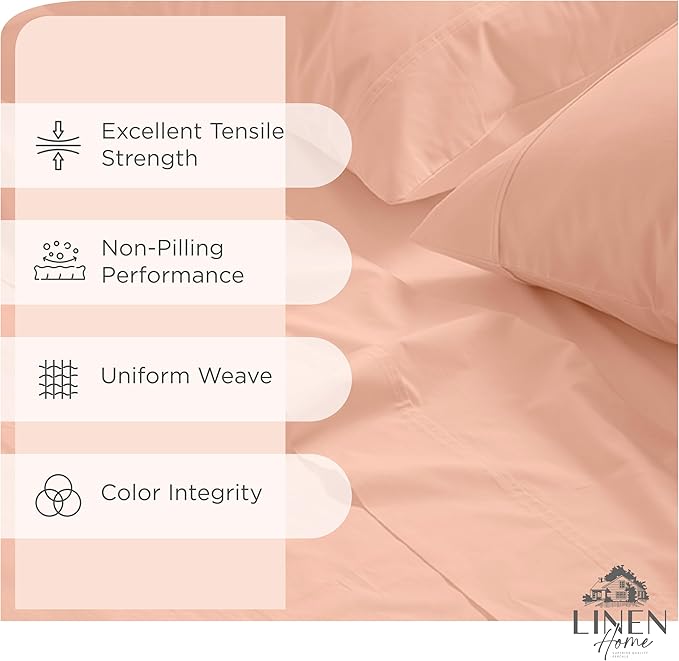 Linen Home 100% Cotton Percale Sheets Twin XL Size, Tropical Peach, Deep Pocket, 3 Pieces Set - 1 Flat, 1 Deep Pocket Fitted Sheet and 1 Pillowcase, Crisp Cool and Strong Bed Linen