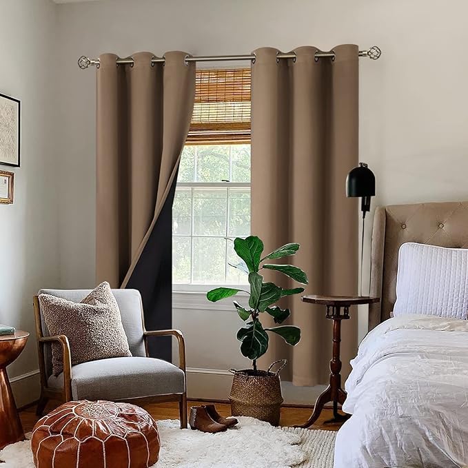 BGment Total Thermal Insulated 100% Blackout Curtains for Bedroom with Black Liner, Double Layer Full Room Darkening Noise Reducing Grommet Curtain (42 x 84 Inch, Taupe, 2 Panels)