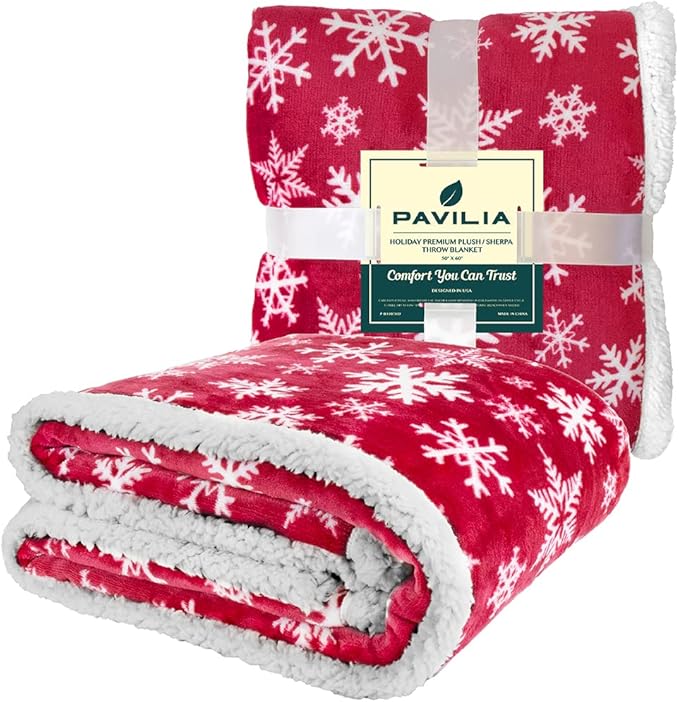 PAVILIA Premium Christmas Sherpa Throw Blanket | Red Snowflake Decoration, Fleece, Plush, Warm, Cozy Reversible Microfiber Holiday Blanket 50 x 60