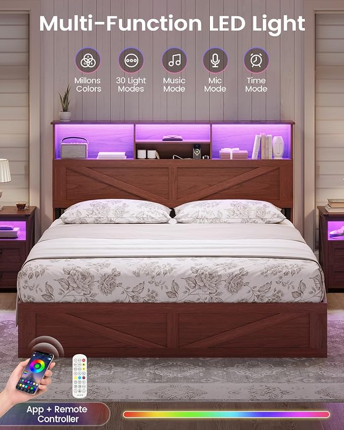 AOGLLATI Farmhouse Queen Bed Frame with 4 Storage Drawers and Led Lights, Wooden Bed Frame Queen Size with Hidden Space Bookcase Headboard and Led Lights & Metal Slats, Mahogany