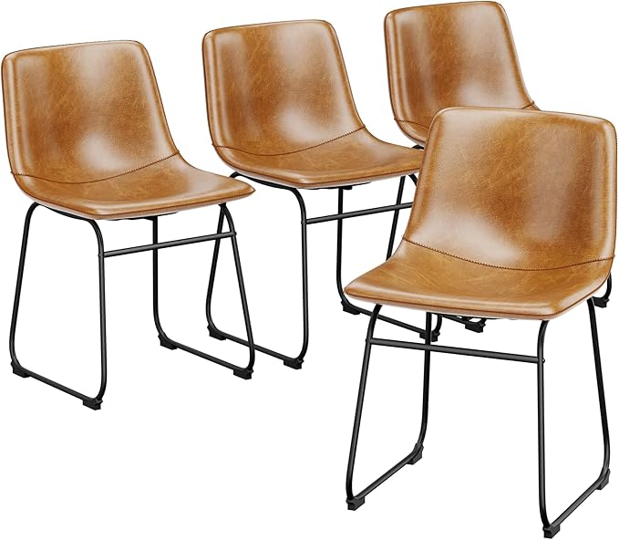 Dining Chairs Set of 4, 18 Inch Modern Armless Kitchen Chairs with Back, Faux Leather Dining Room Chairs with Metal Legs for Home, Bistro Coffee Shops (Brown)
