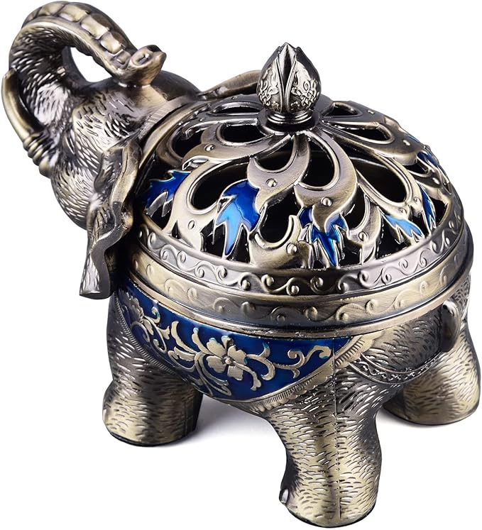 K COOL Metal Backflow Incense Holder Elephant Cone Incense Burner Candle Holder with Lid, Aromatherapy Ornament Home Office Decoration for Indoor Outdoor (Navy Blue)