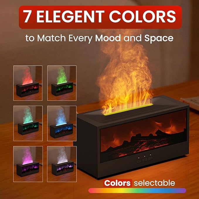 Fireplace Flame Diffuser Air Humidifier, Essential Oil Diffuser with 7 Colors Light & Timer, Auto-Off Ultrasonic Cool Mist Aroma Humidifier for Home, Bedroom, Office, Yoga(Black)