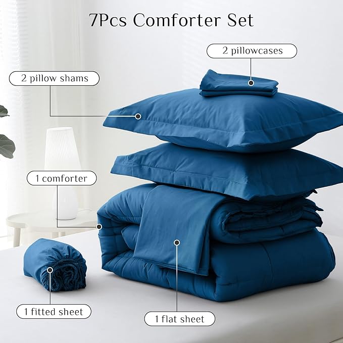 JOLLYVOGUE Queen Comforter Set, Ultra-Soft Bed in a Bag Queen Size 7 Pieces, Oeko-TEX Certified Bedding Set with Down Alternative Comforter, Sheets, Pillowcases & Shams, Teal