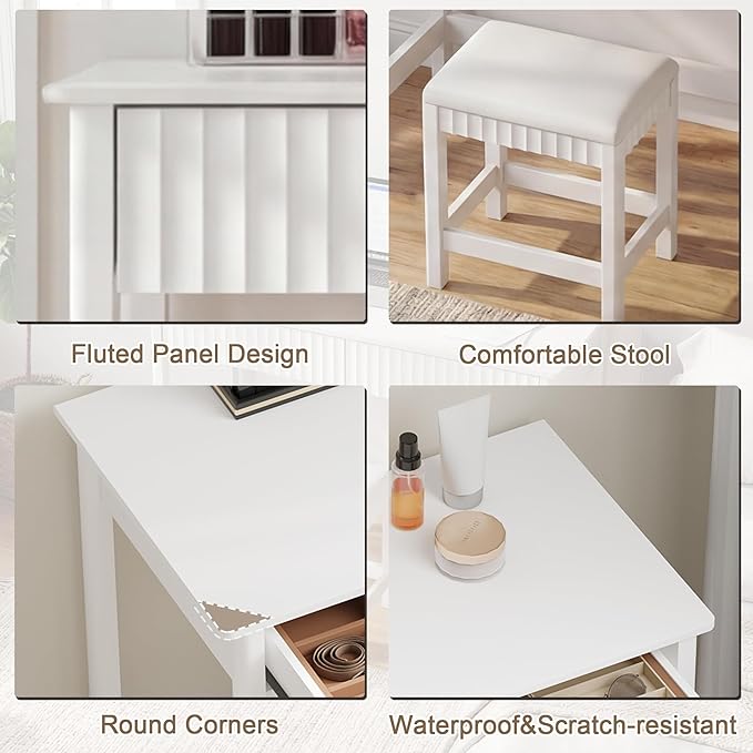 ChooChoo 40 Inch Modern Desk with Drawers, Makeup Vanity Desk with Padded Stool, Small Home Office Desk for Bedroom, White