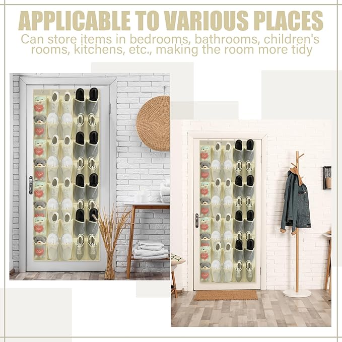Windyun 40 Over the Door Shoe Organizer Large Breathable Mesh Pockets Hanging Shoe Rack for Closet Beige Behind Door Hanger Storage Holder Nonslip Hooks for Women Men Entryway Bedroom Utility Room