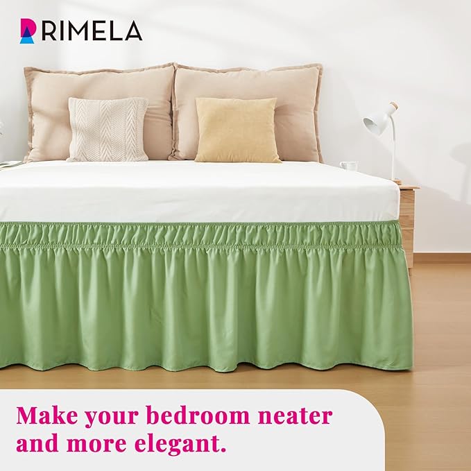 RIMELA Light Green Bed Skirt Full Size 15 Inch Drop, Elastic Bed Skirting for Adjustable Bed Base and Frame, Bedding Dust Ruffle Easy to Install, Hotel Quality Wrap Around Bedskirt